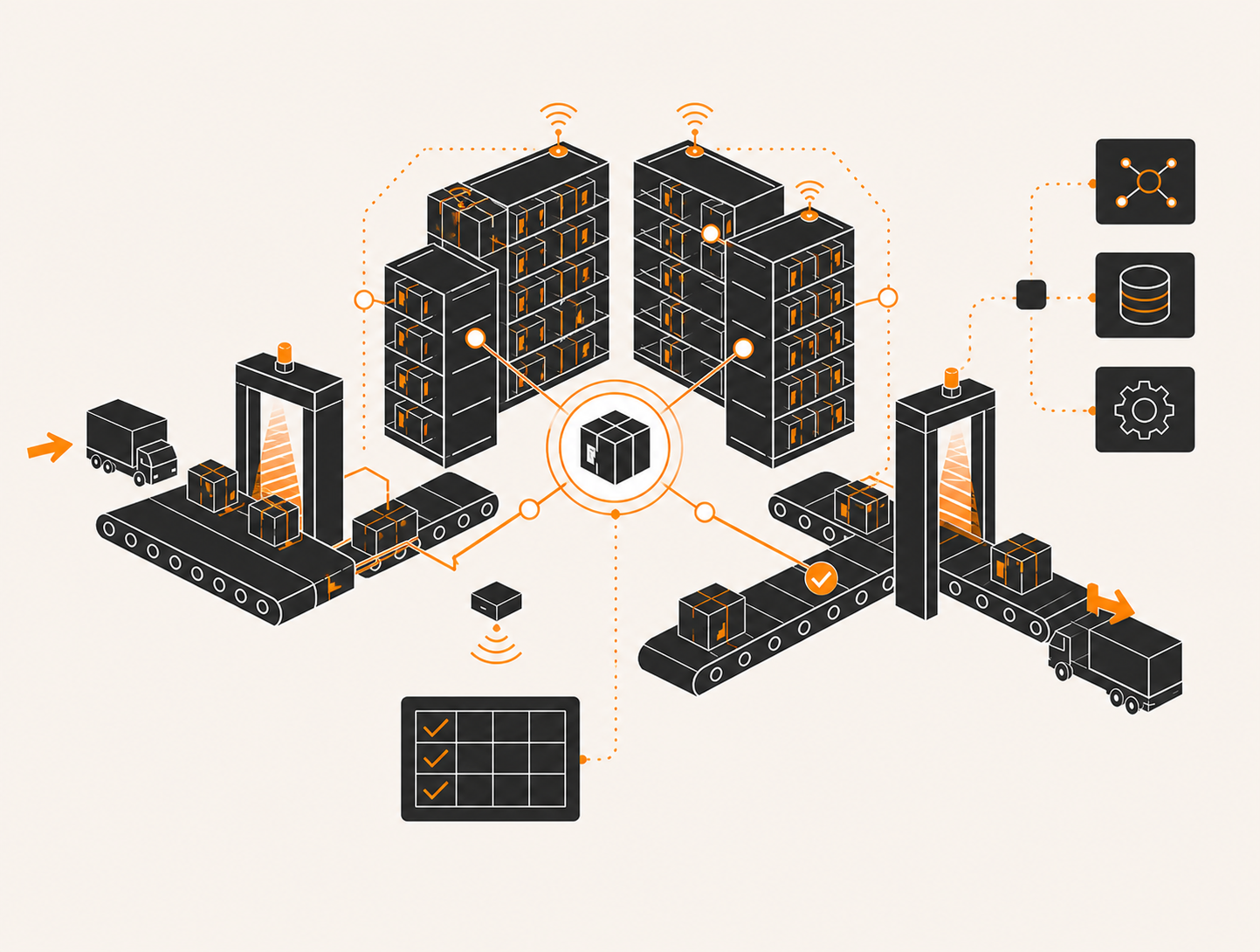 Ilustração do Estoque Automatizado — armazém com esteiras, scanners e rastreabilidade